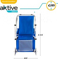 Aktive Beach 62610, Strandliege mit Rädern, 2 Räder, mit Sonnenschirm, Strandsitze, 115 x 62 x 21 cm, Sitzhöhe 11 cm, Gewicht max. 110 kg, blau