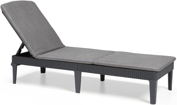 Keter Jaipur Sonnenliege für den Garten mit verstellbarer Rücklehne, klappbare Gartenliege, grau, Liege in Rattanoptik mit Auflage, 187 x 58 x 29 cm