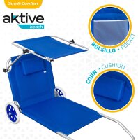 Aktive Beach 62610, Strandliege mit Rädern, 2 Räder, mit Sonnenschirm, Strandsitze, 115 x 62 x 21 cm, Sitzhöhe 11 cm, Gewicht max. 110 kg, blau